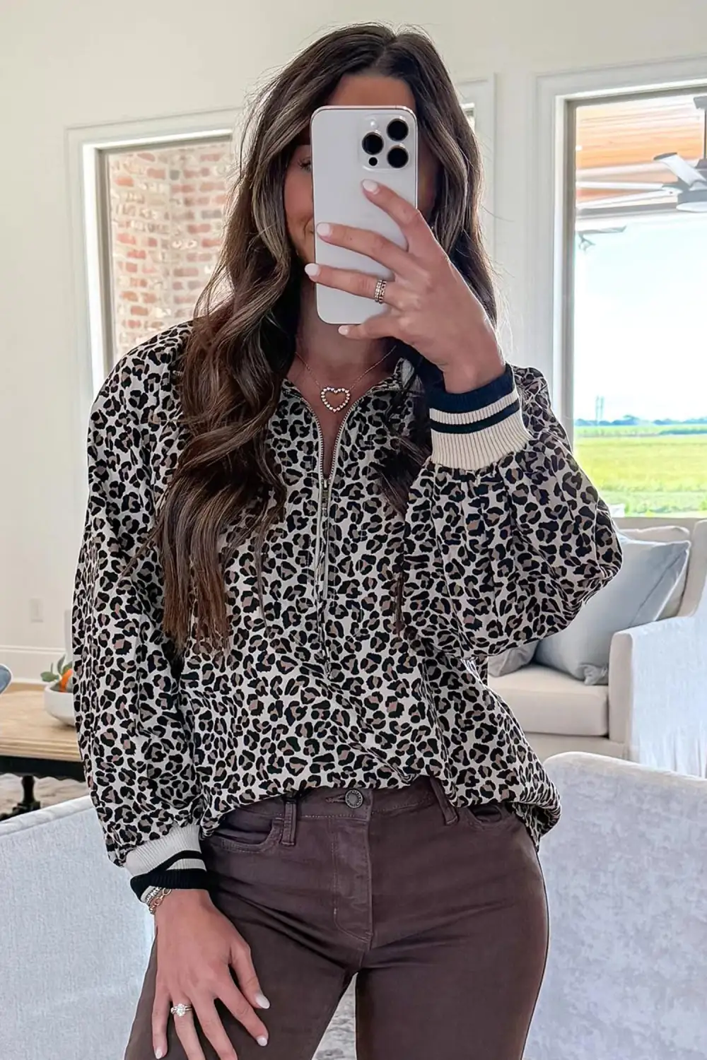Khaki Leopard Print Half Zip Up Blouse