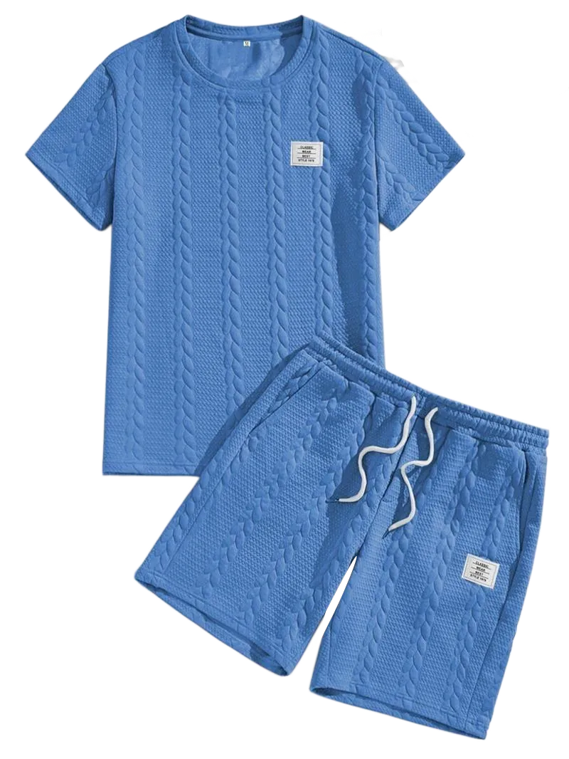 Men's Solid Textured Patched Tee & Drawstring Waist Shorts Set