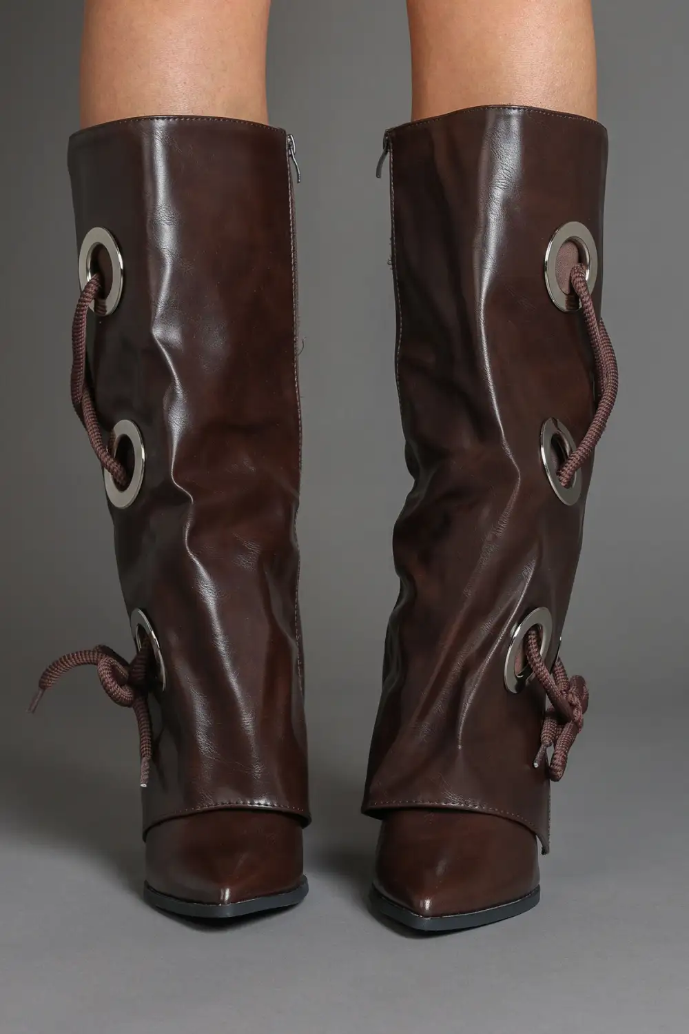 Fold-Over Lace Detail Pointed Toe Faux Leather Knee High Boots