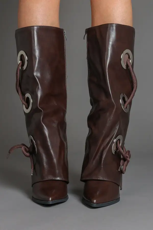 Fold-Over Lace Detail Pointed Toe Faux Leather Knee High Boots