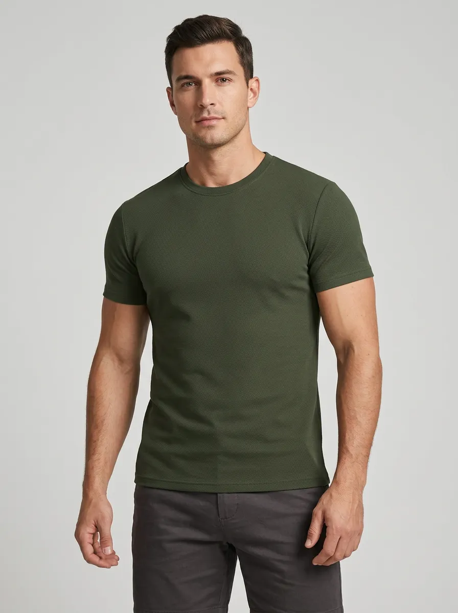 Classic Ribbed Textured Crew Neck Clean Look Men's Slim Fit Short Sleeve T-Shirt