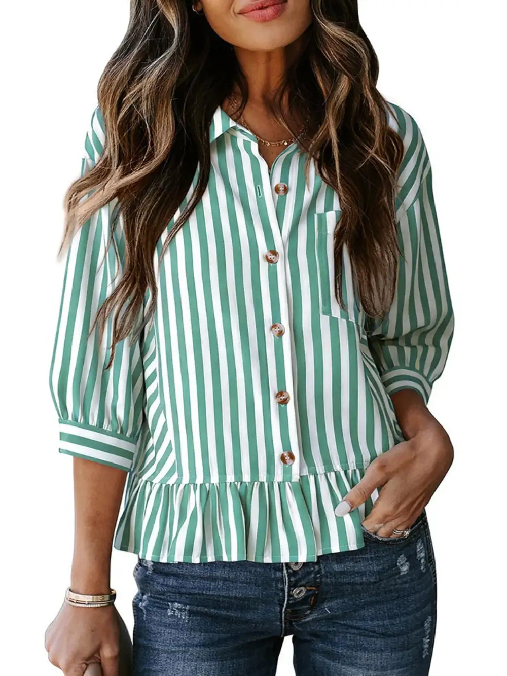 Striped Ruffle Hem Button Down Shirt
