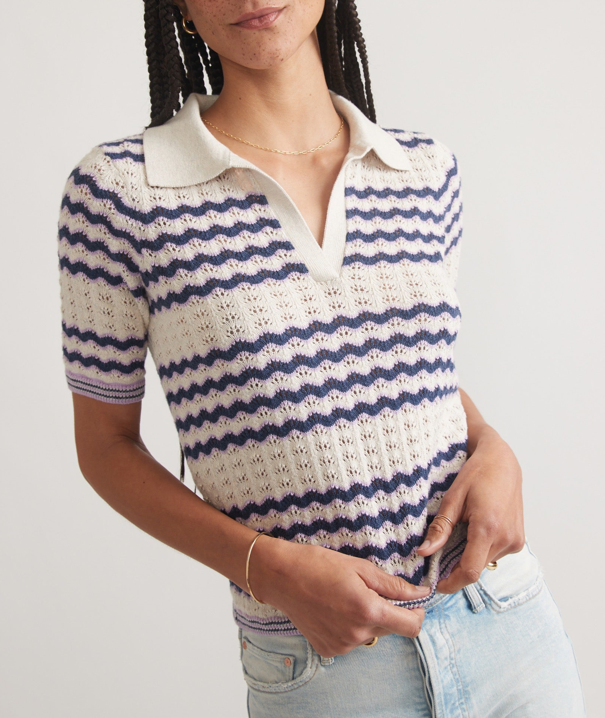 Striped Short Sleeve Polo Sweater