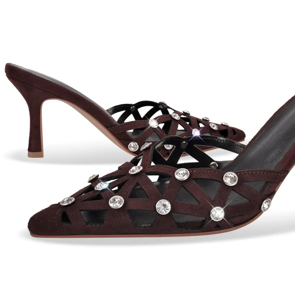 Rhinestone Pointed Toe Hollow Mule Sandals