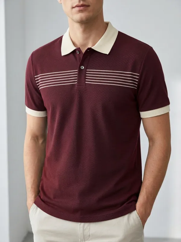 Men's Navy Blue Stripe Chest Pattern Polo Shirt