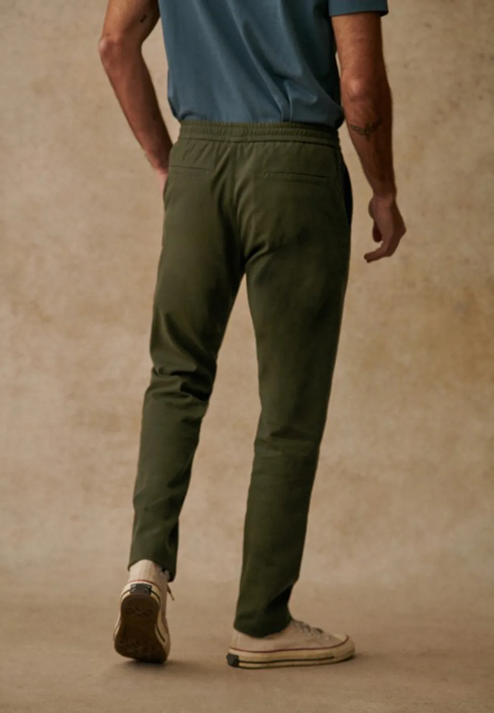 Olive Green Cotton Linen Blend Drawstring Trousers