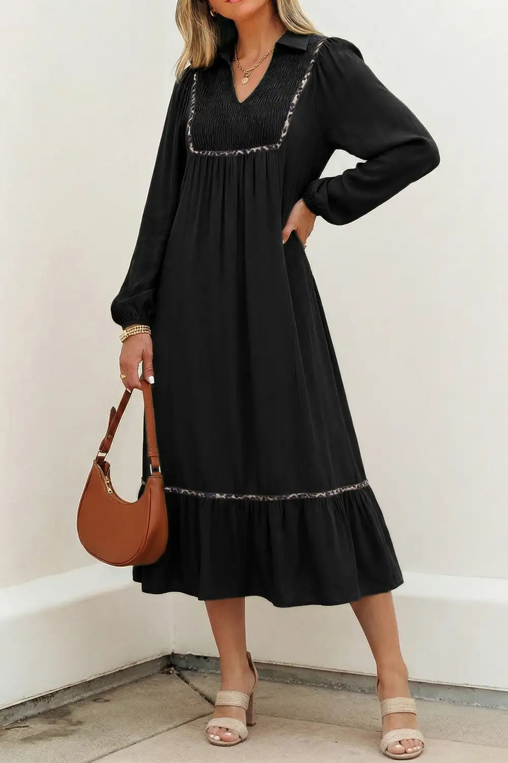 Animal Print V Neck Smocked Dress Casual