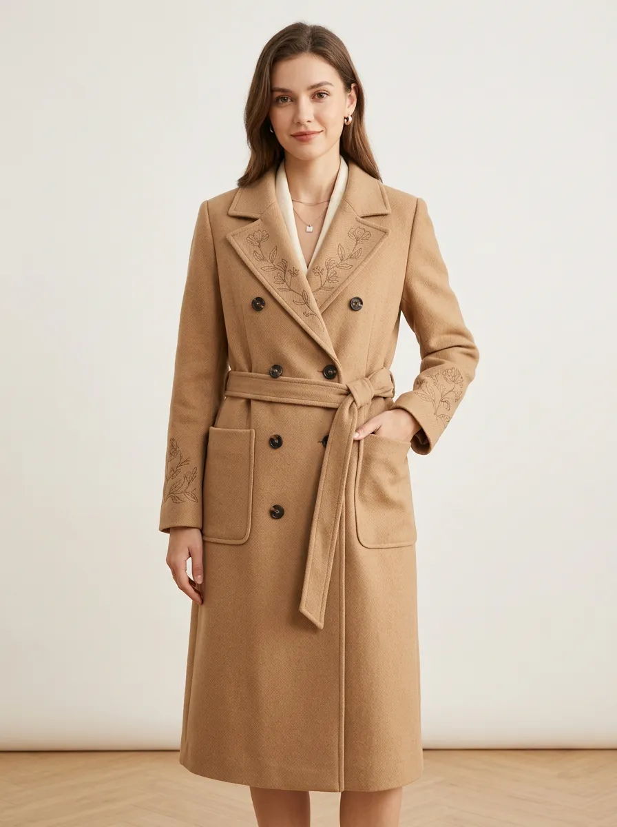 Women's Floral Embroidery Camel Double-Breasted Trench Coat