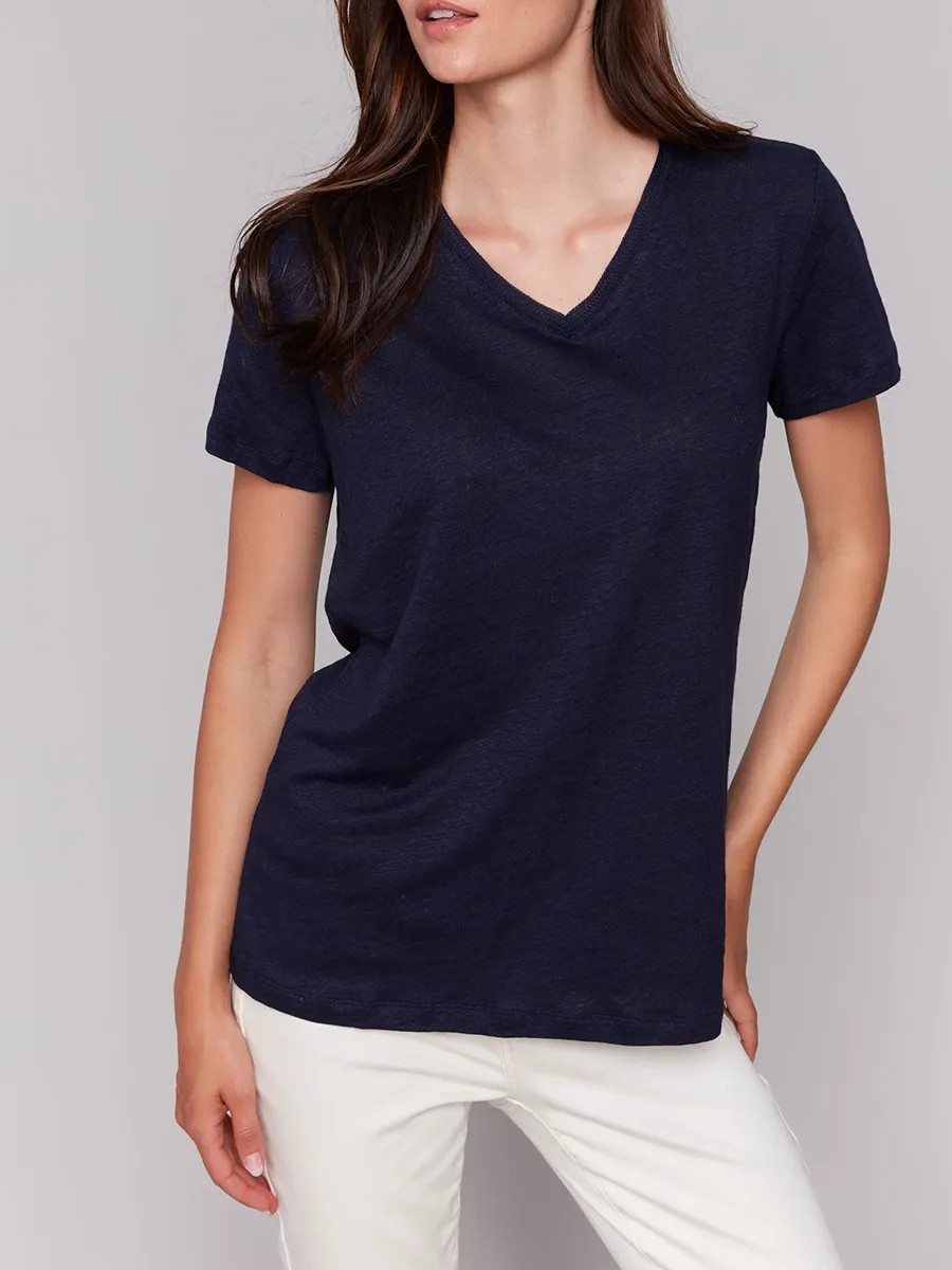 V-Neck Loose Solid Color Skin-Friendly Linen Short Sleeves