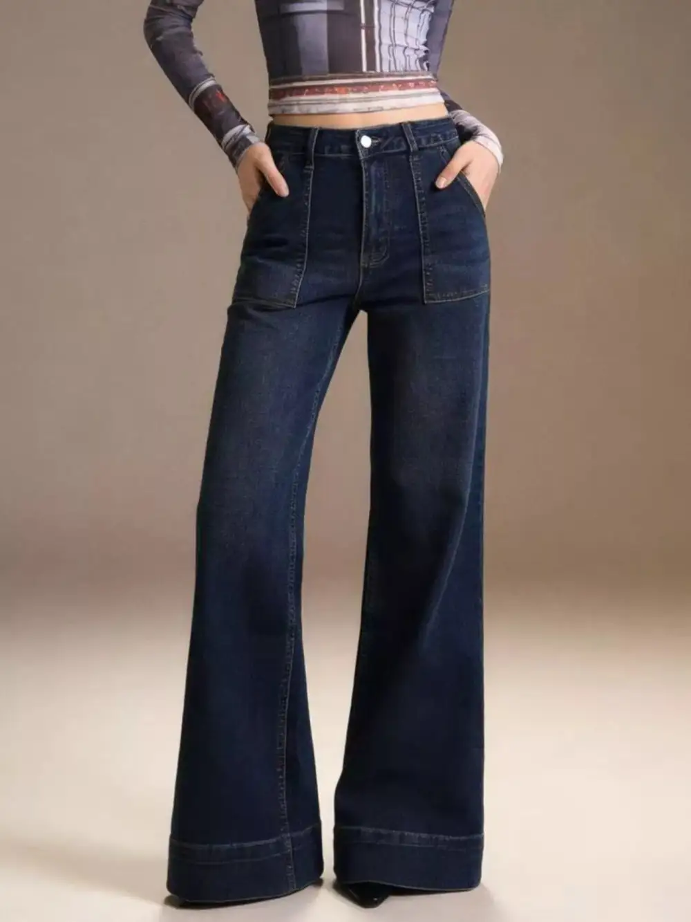 Pocketed High Waist Flare Leg Denim Jeans
