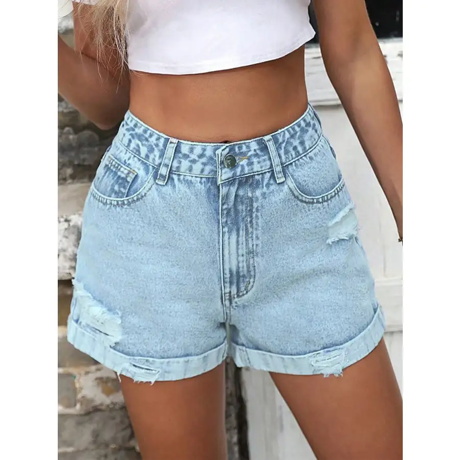Distressed High Waist Pocketed Washed Shorts