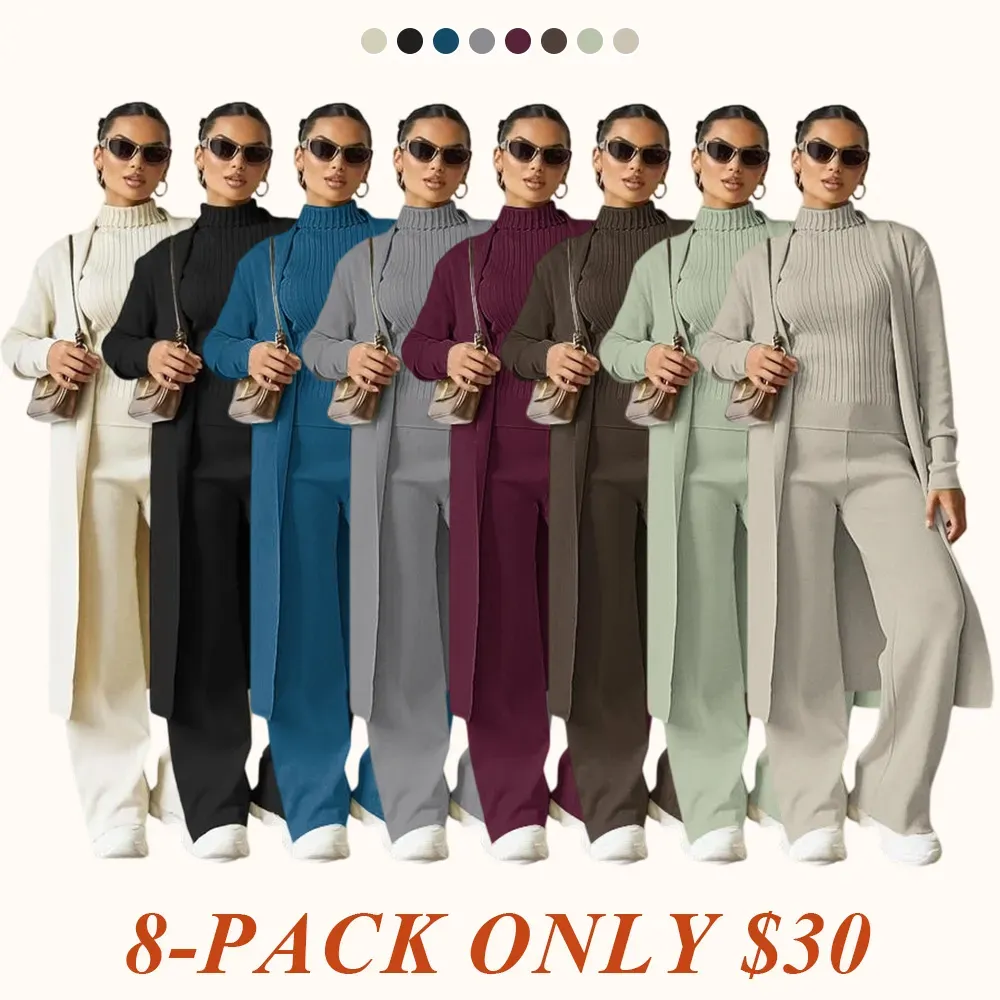 Trendy Knit Turtle Neck Tank & Wide Leg Trousers With Open-Front Long Cardigan Three-Piece Sets