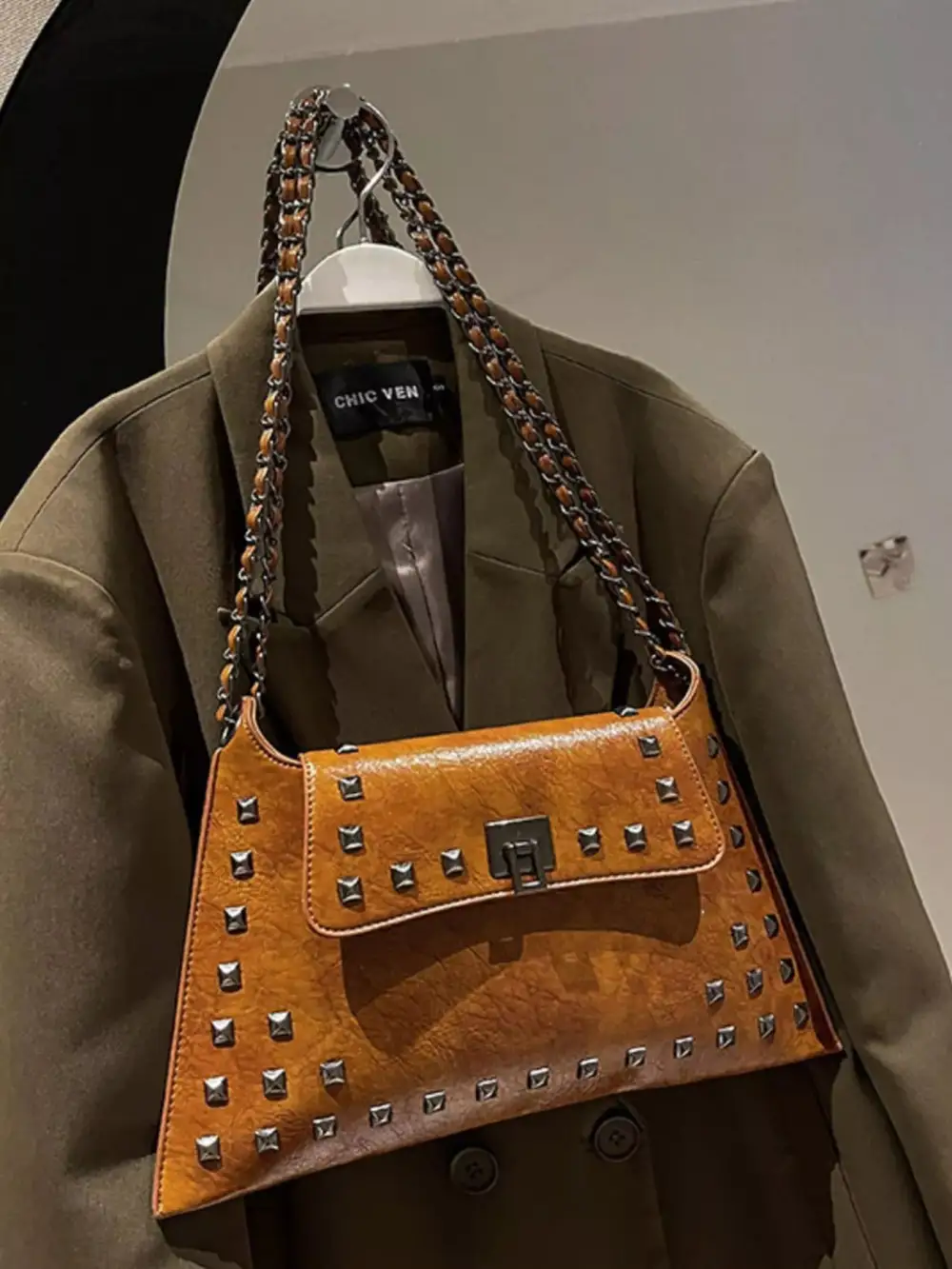 Studded Flap Chain Shoulder Bag