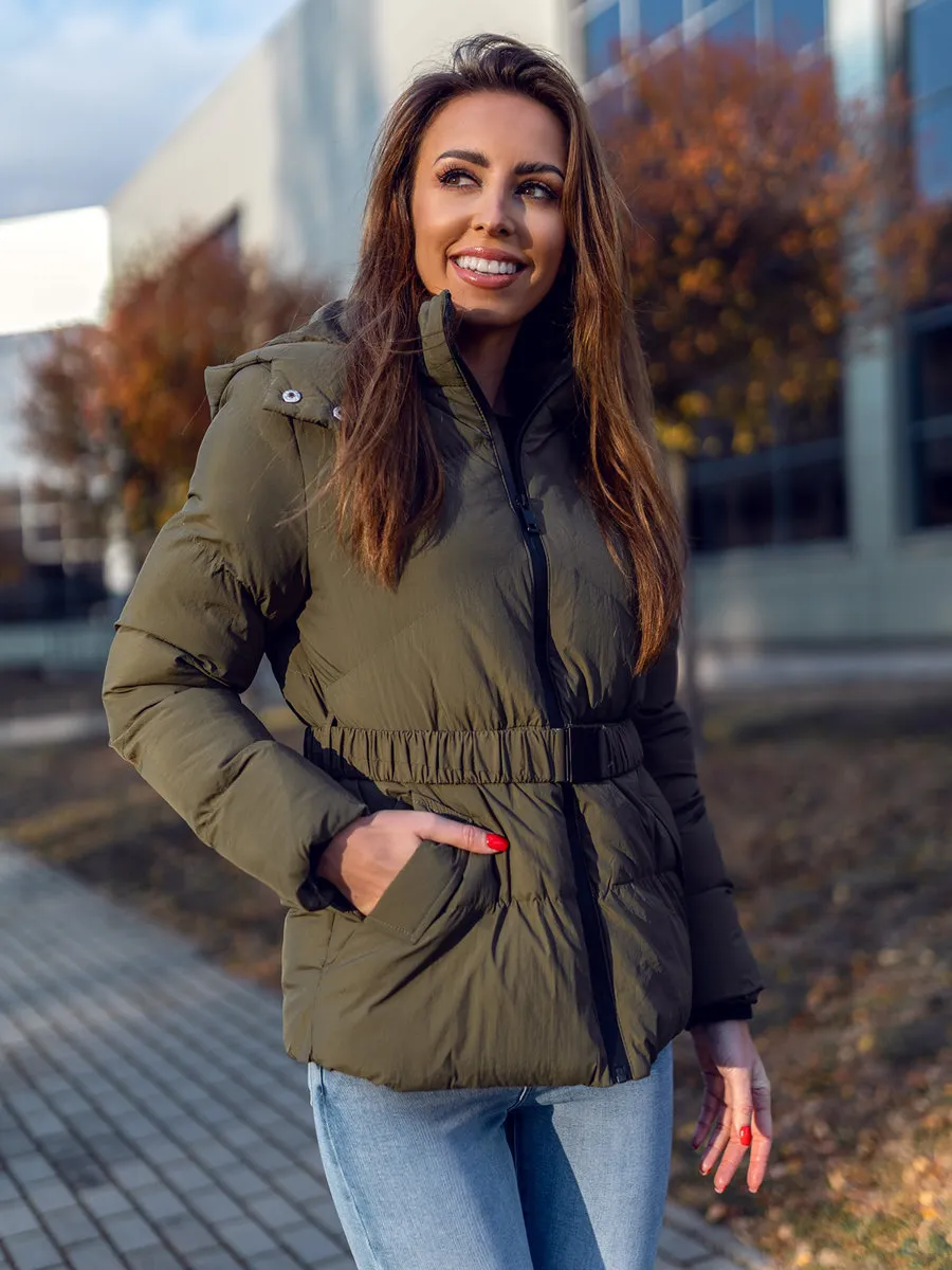 Khaki women's quilted winter jacket with hood
