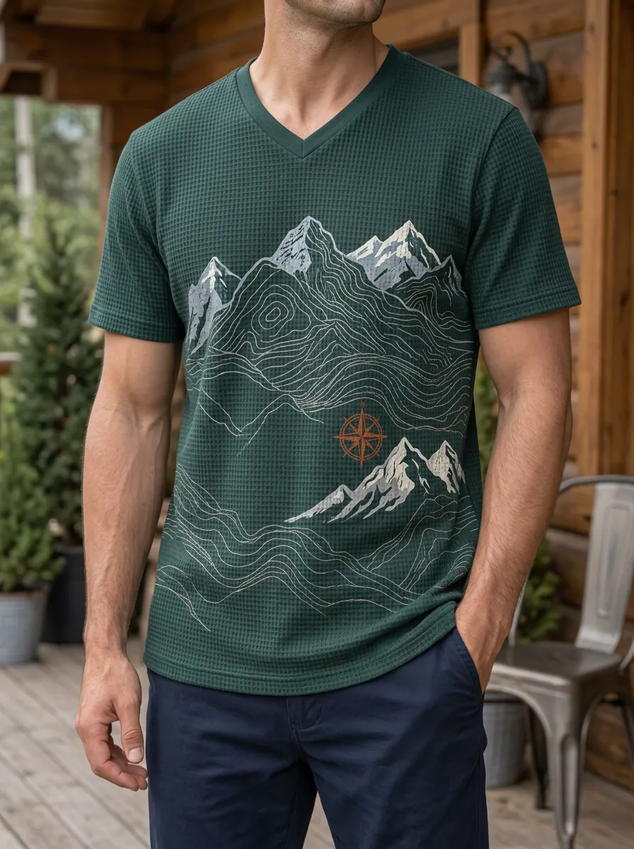 Men's Hiking Adventure Mountain Compass Printed V-Neck T-Shirt
