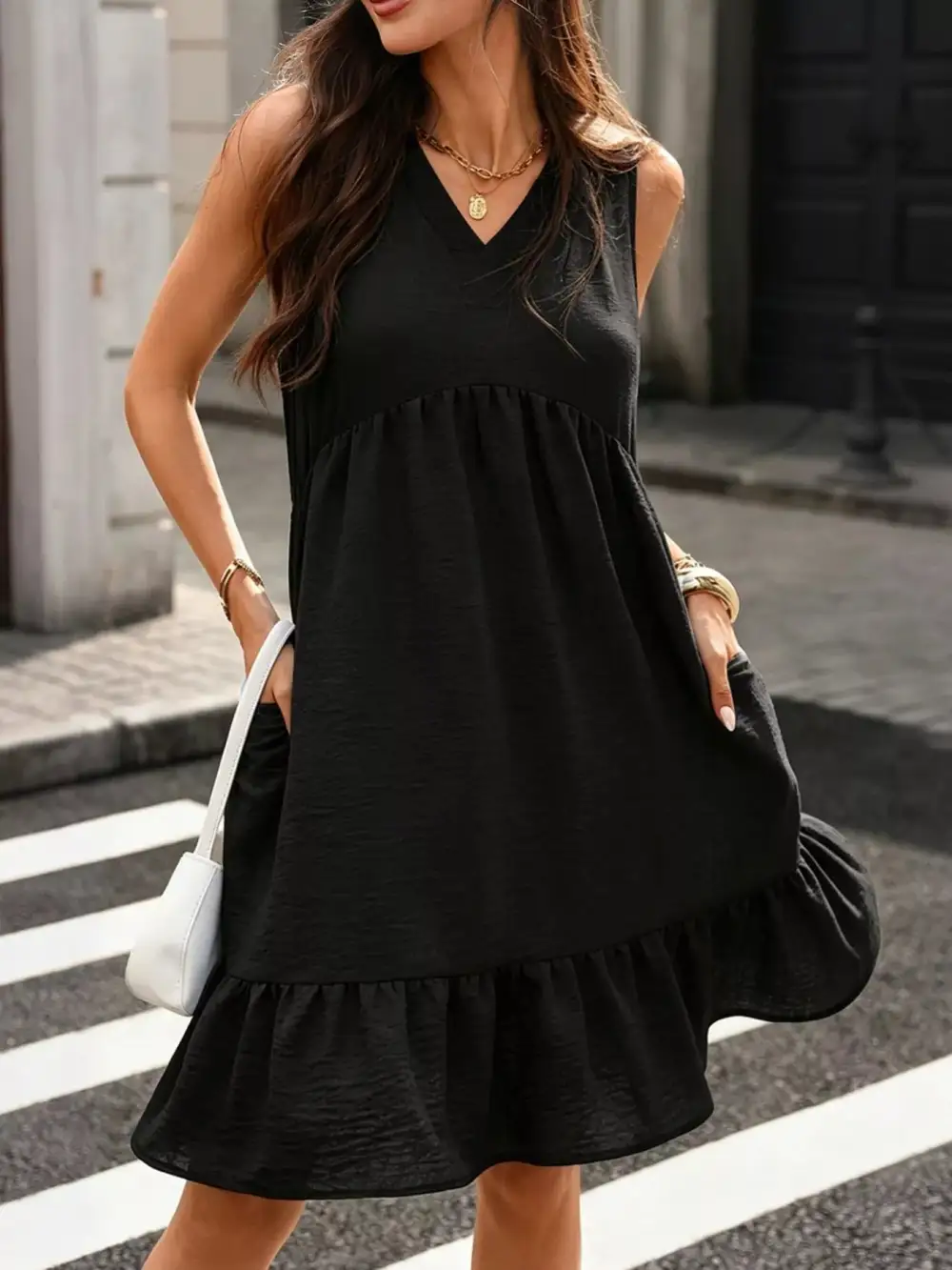 V Neck Ruffle Sleeveless Dress Casual