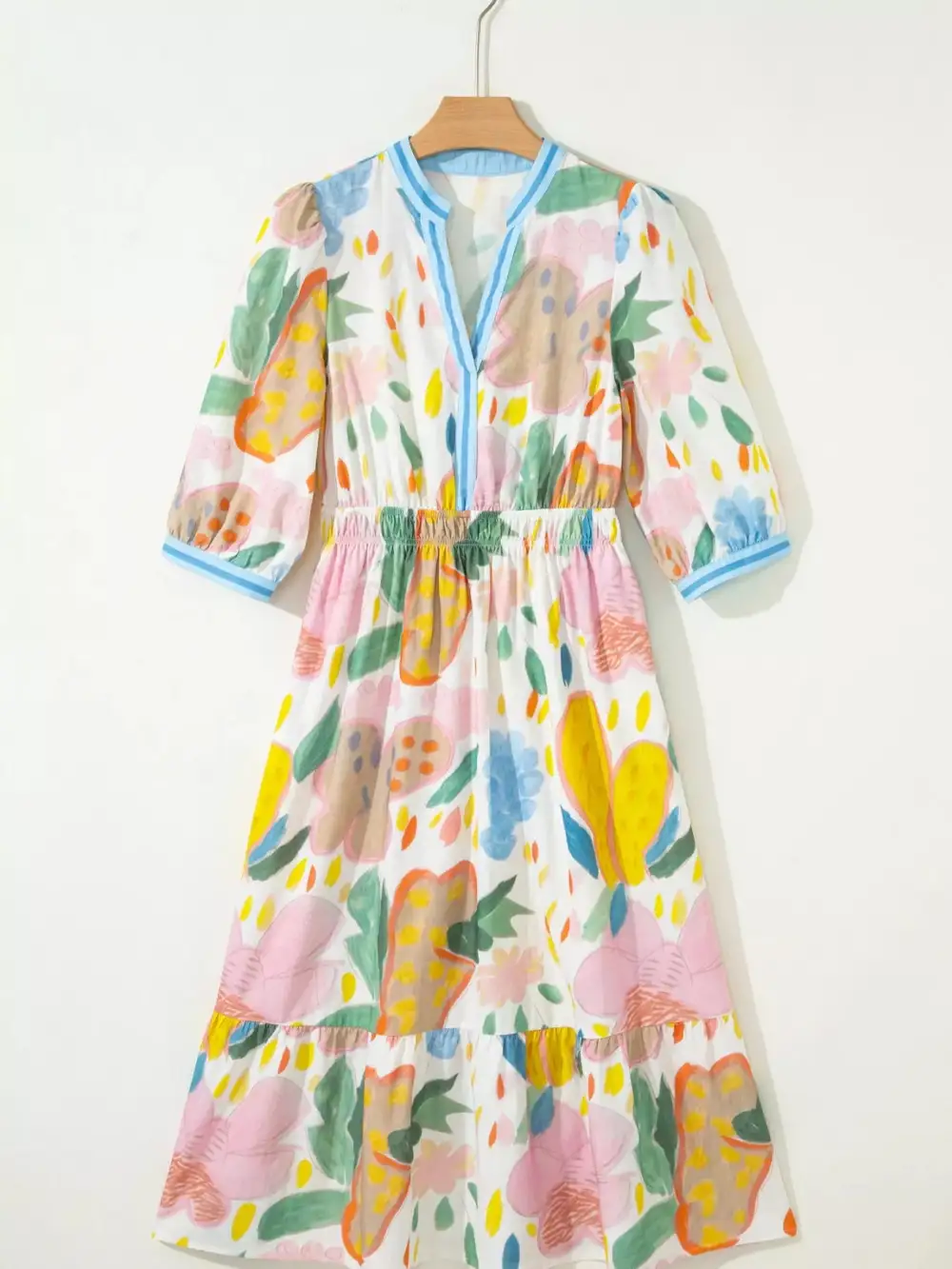 Polished Detail Floral Striped V Neck Midi Dress