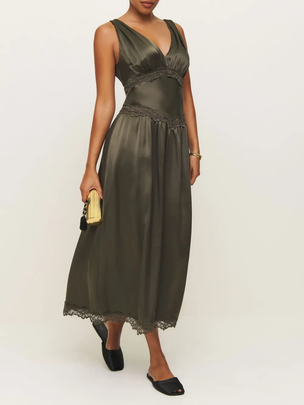 V Neck Lace Hem Silk Midi Dress