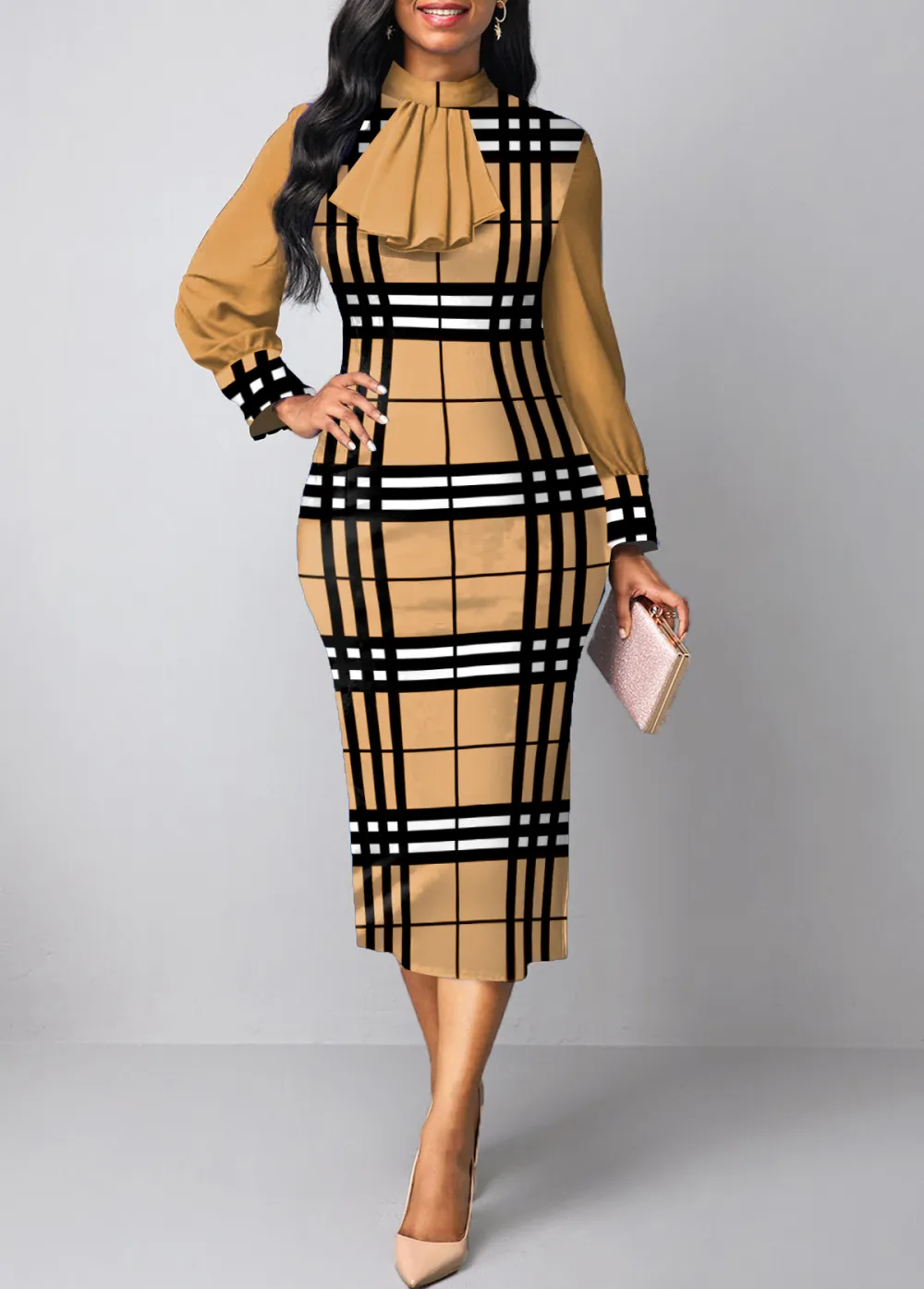 Plaid Patchwork Light Camel Stand Collar Bodycon Dress