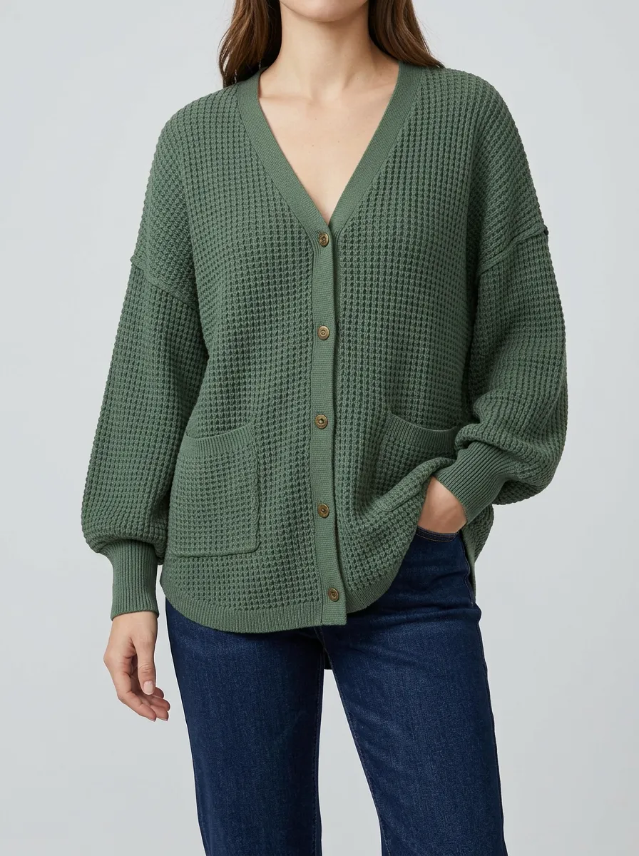 Waffle Knit Button Down Cardigan Top