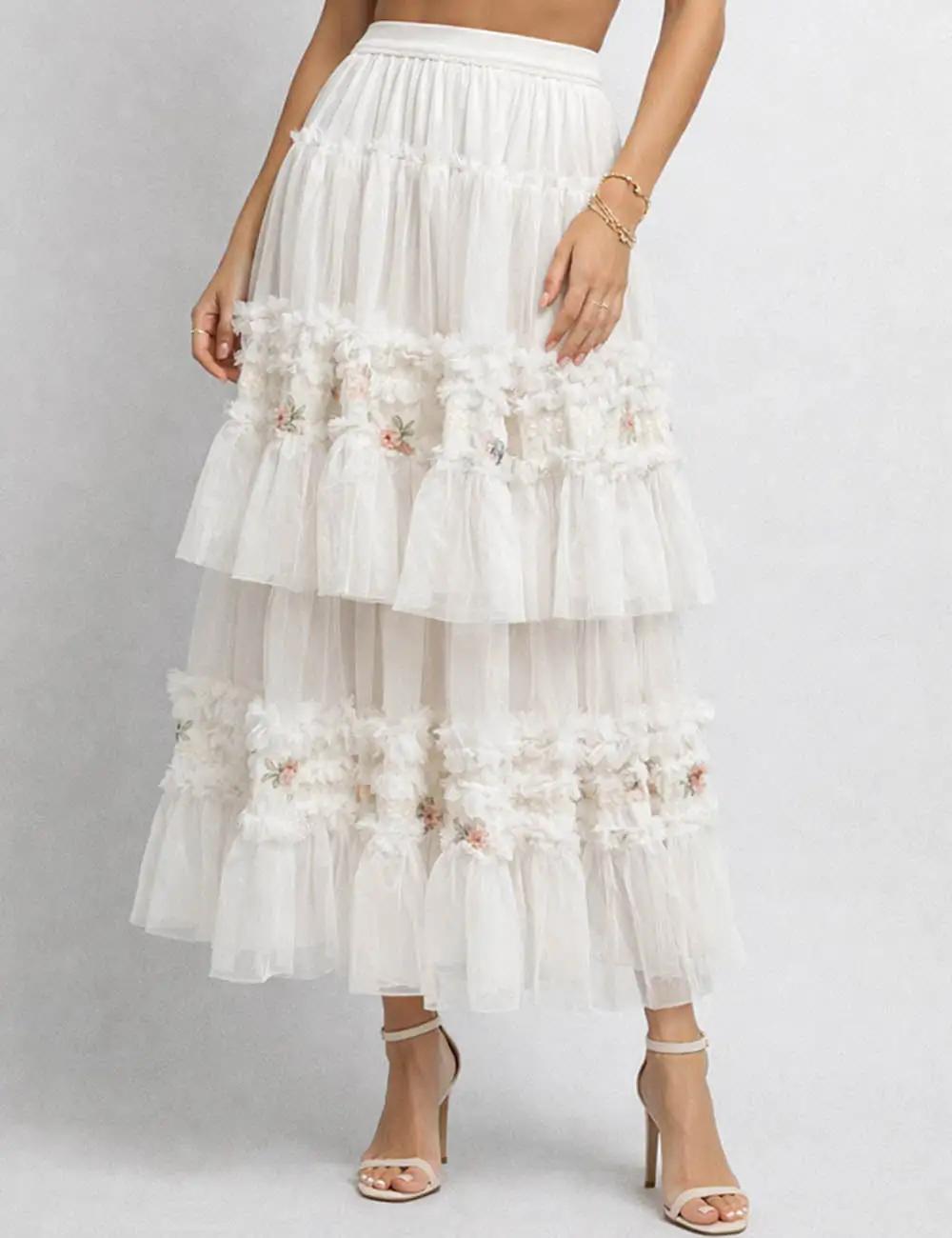 Tiered Ruffle Mesh Maxi Skirt