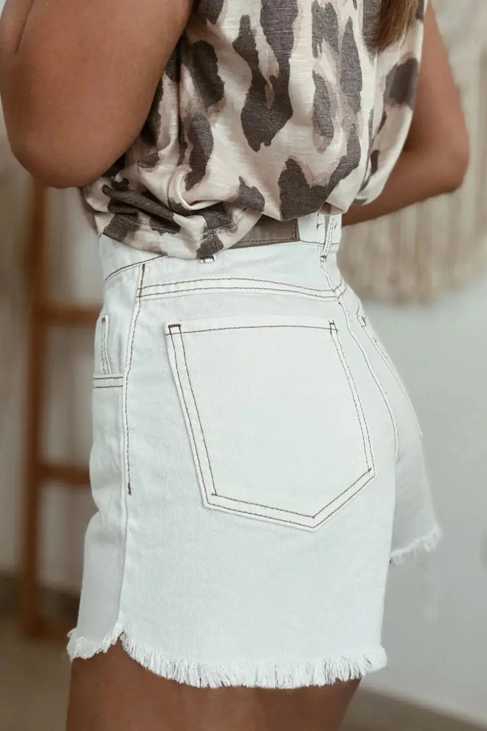 Textured Raw Hem High Waist Denim Shorts