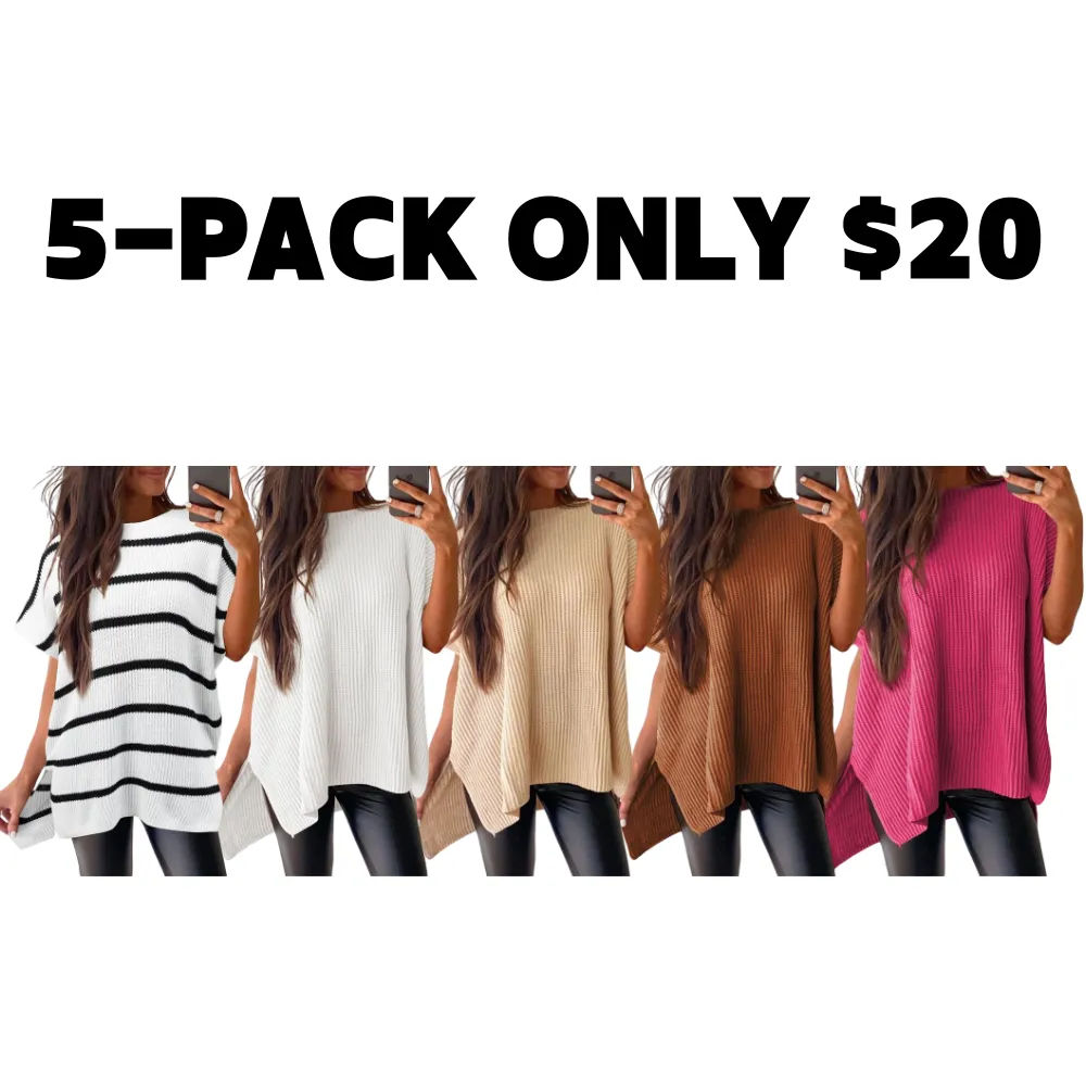 2025 Fall Clothing Women's Oversized Knit Top, Casual Crew Neck Drop Shoulder Loose Fit Short Sleeve Pullover Sweater with Side Slit