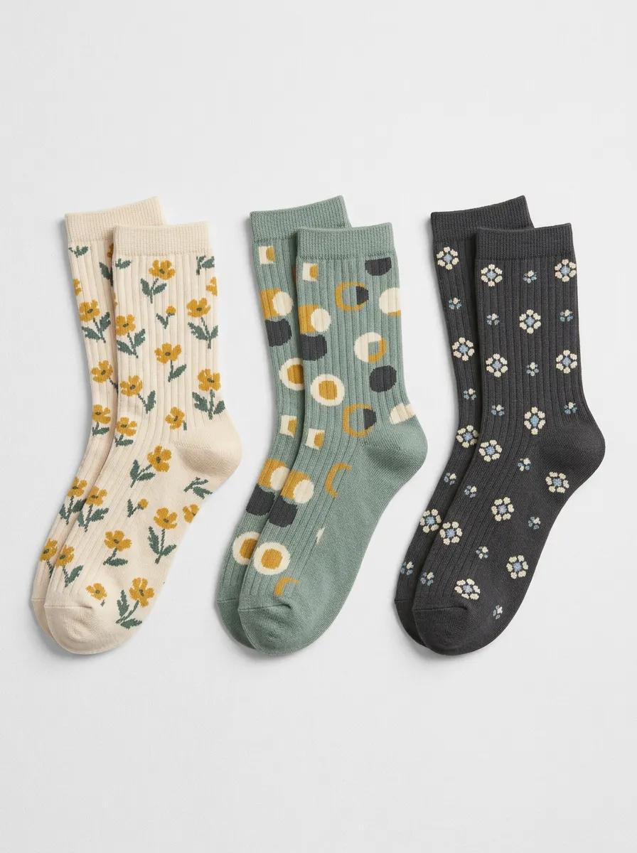 Women's Mixed Pattern Ribbed Crew Socks Three Pair Set