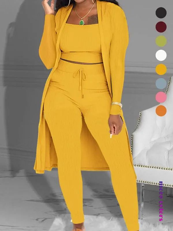 Women's Plain Long Sleeve Open Front Cardigan & Tie Front Leggings & Sleeveless Cropped Top Set, Casual Elegant Chic Fashion Cozy Breathable Women's Outfits for Fall, Ladies Fall Co-ord Sets, Clothes