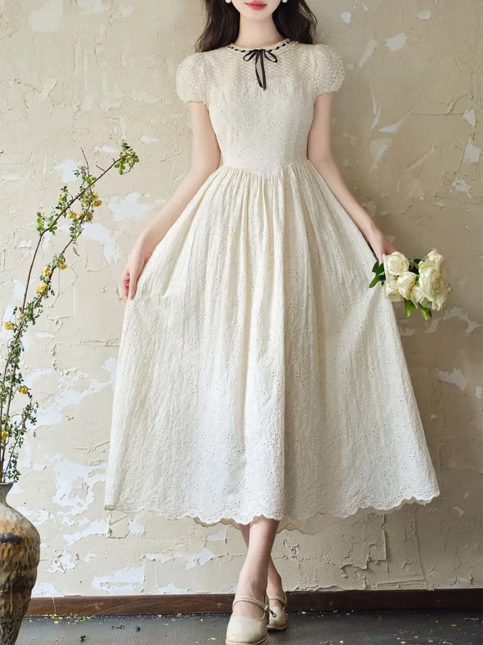 Embroidered Bow Puff Long Dress