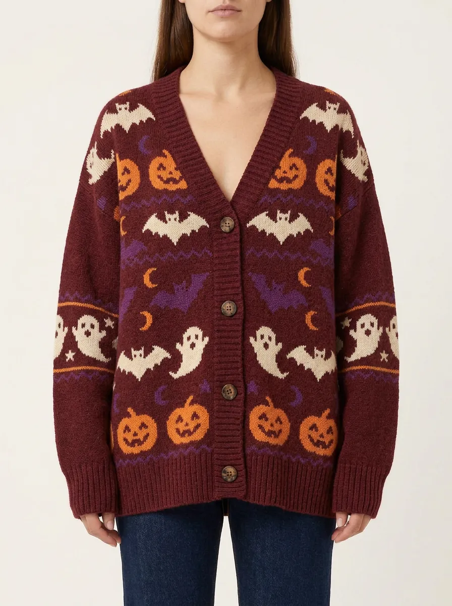 Women's Halloween Pumpkin Ghost Bat Pattern Patterned Cardigan