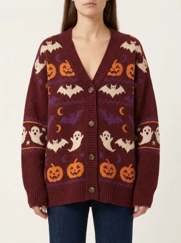 Women's Halloween Pumpkin Ghost Bat Pattern Patterned Cardigan