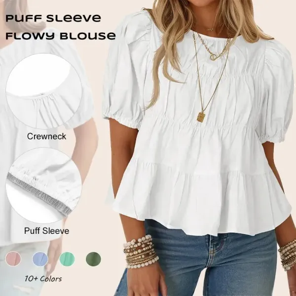 Womens Puff Sleeve Peplum Babydoll Tops