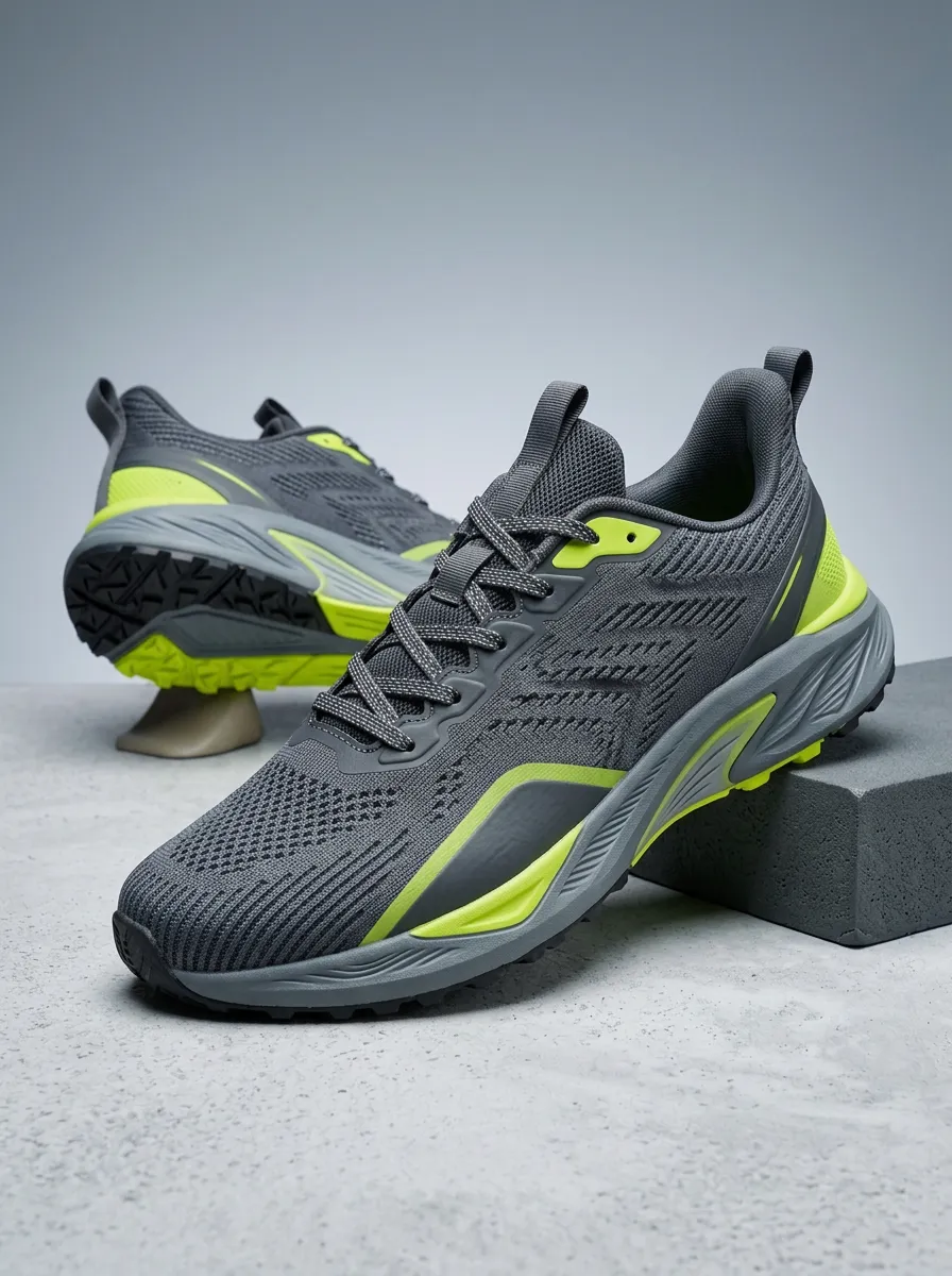 Men's Grey Neon Yellow Athletic Running Printed Shoes