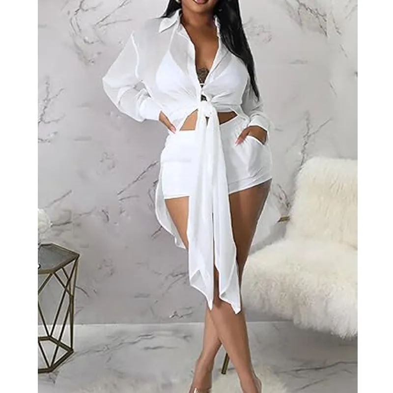 Women's Solid Color Button Front Shirt & Shorts Two-Piece Set
