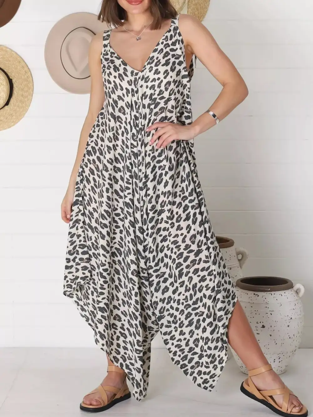 Plus Size Leopard Print V Neck Jumpsuit