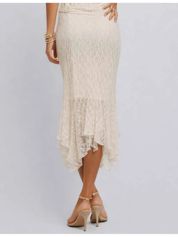 Lace Irregular Hem Elastic Waist Midi Skirt