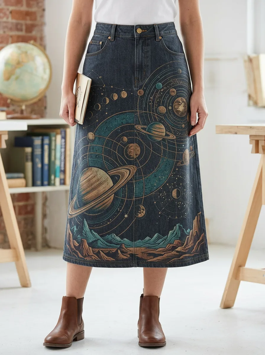 Women's Modern Celestial Print Denim Midi Skirt