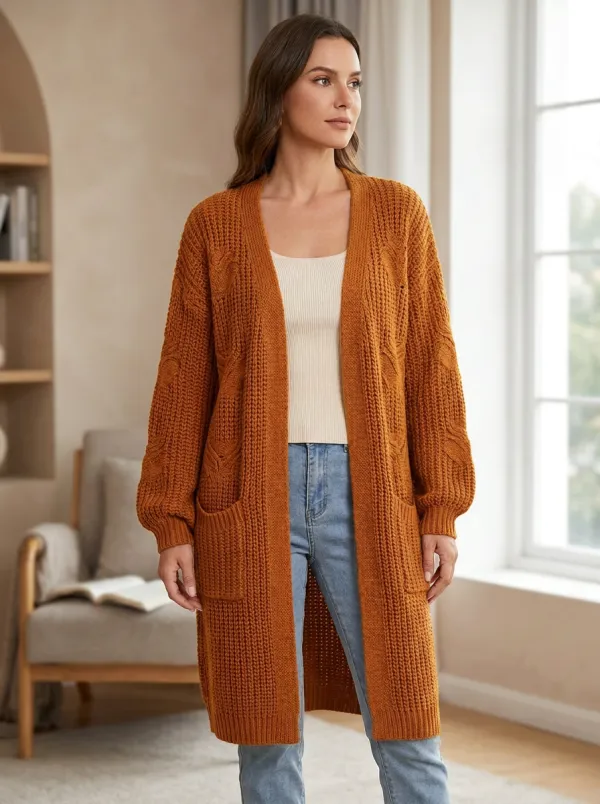 Women's Fall Cable Knit Open-Front Open- Design Without Closures Long Cardigan