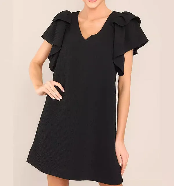 Flared Sleeve Relaxed Comfort Solid Color V Neck Mini Dress