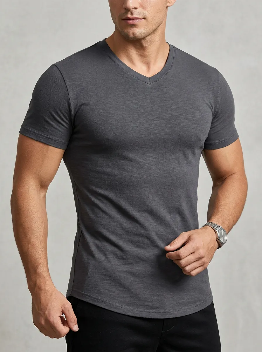 Casual Ribbed Textured Curved Hem Style Men's Slim Fit Short Sleeve T-Shirt