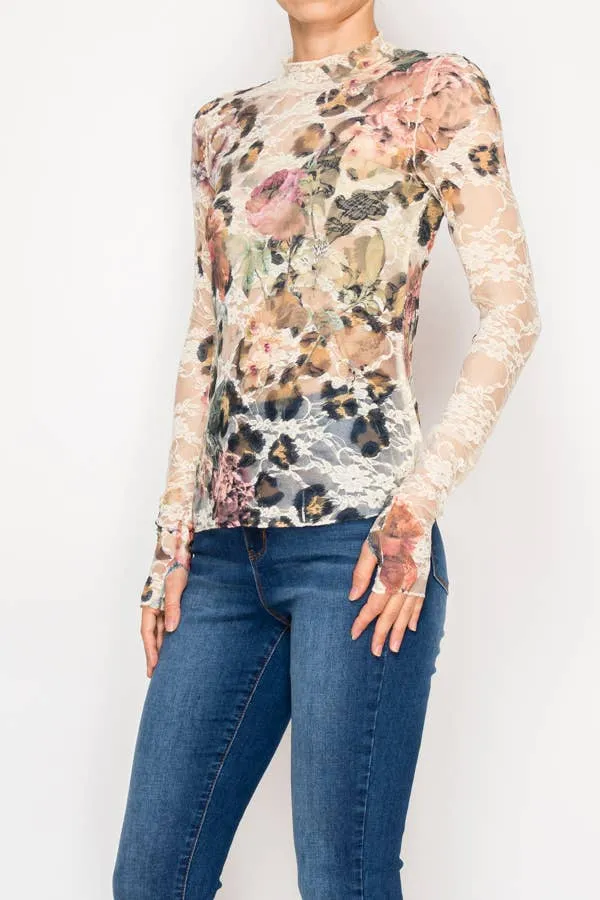 Floral Lace Trim Mesh Top