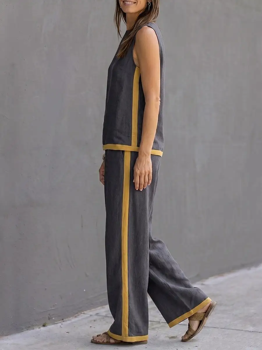 High Waist Round Neck Top And Pants Set