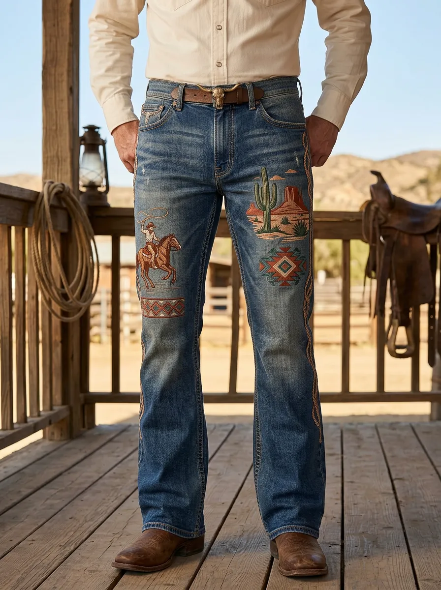 Men's Classic Western Cowboy Cactus Desert Jeans