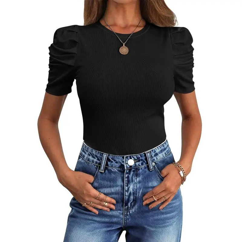 Women Puff Short Sleeve Crewneck Dressy Casual Tops