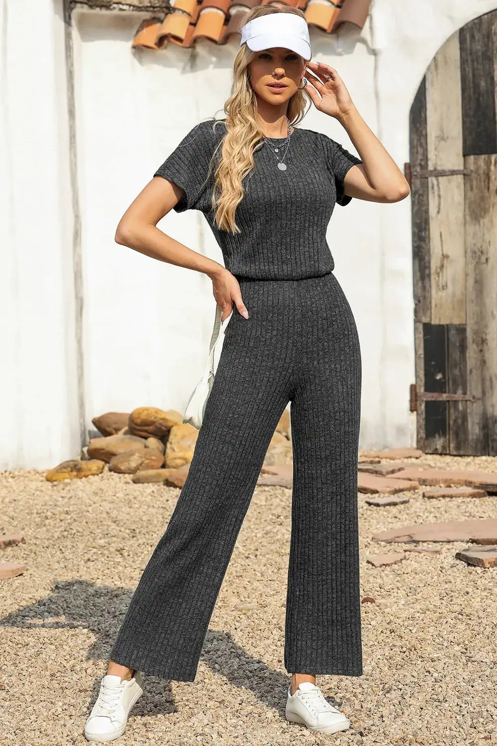 Ribbed Short Sleeve Wide Leg Jumpsuit Shorts