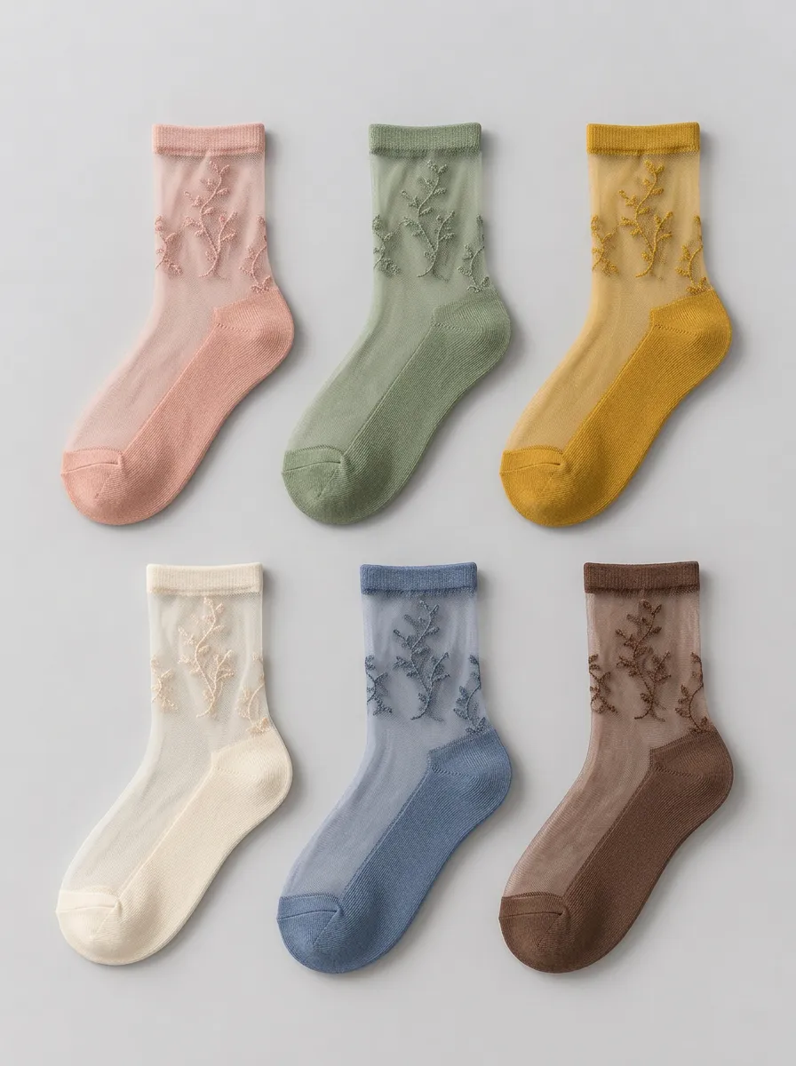 Women's Multicolor Floral Embroidered Sheer Crew Ribbed Socks 6-Pack