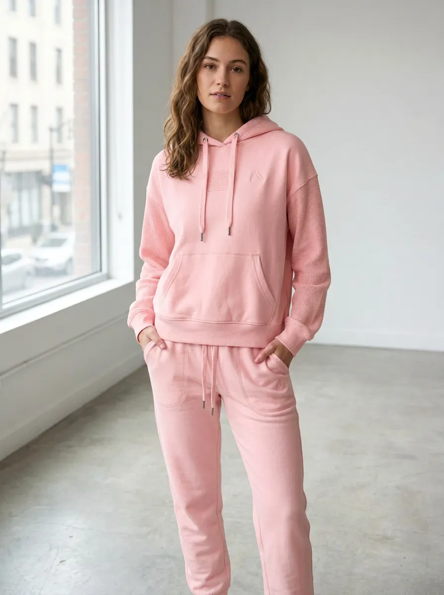 Women's Casual Sport Waffle Texture Beige Printed Hoodie Jogger Set