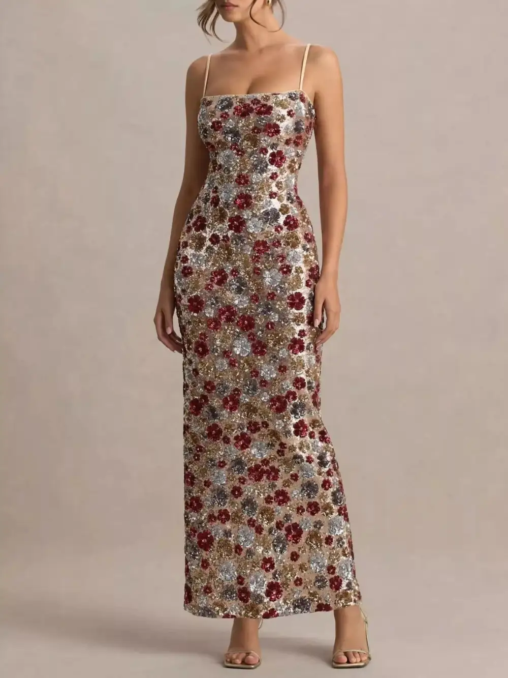 Floral Sequin Slit Maxi Dress