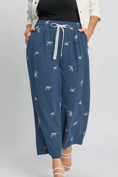 Lace Drawstring Embroidered Bow Wide Leg Pants